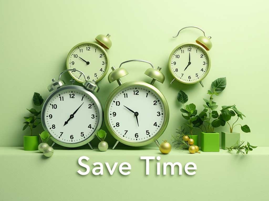 A collection of four green alarm clocks arranged among plants on a light green background, with the phrase 'Save Time' prominently displayed.