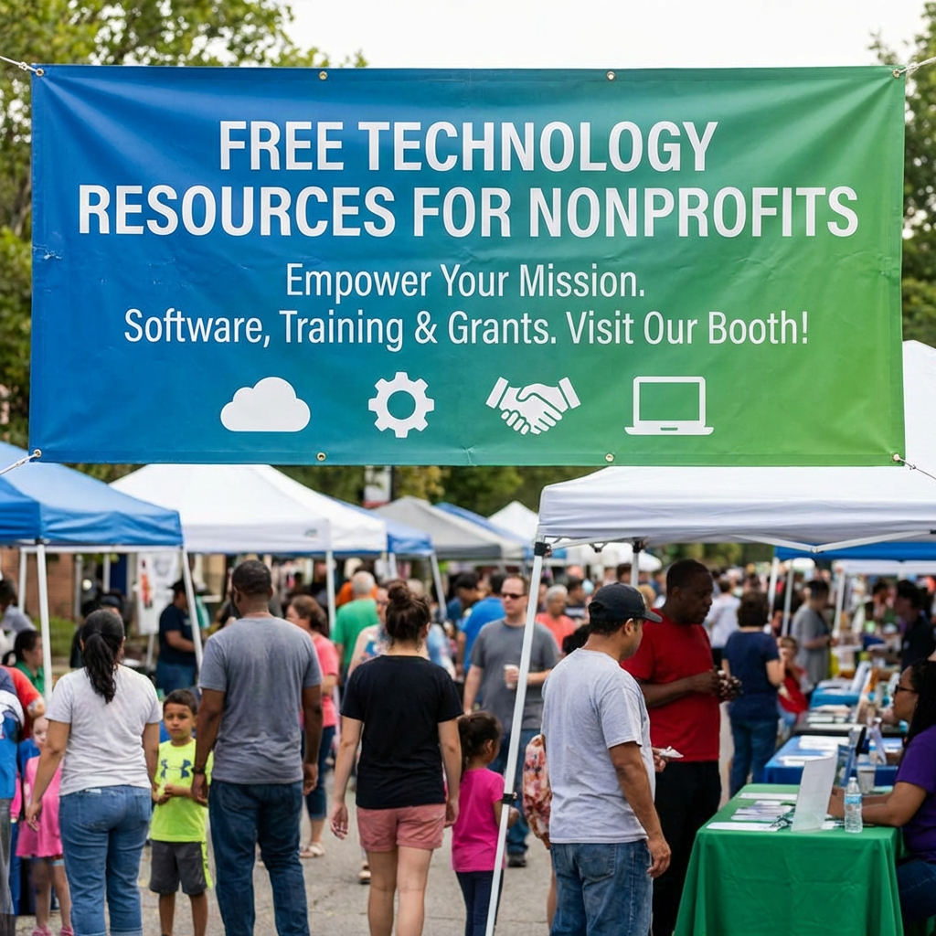 Large blue and green banner with text: FREE TECHNOLOGY RESOURCES FOR NONPROFITS. Empower Your Mission. Software, Training & Grants. Visit Our Booth!